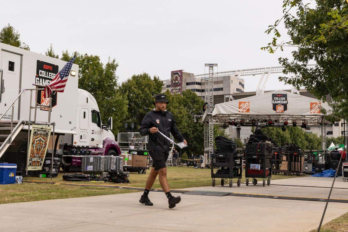 Crews set up for the broadcast of College GameDay at Gamecock Park on Thursday Sept. 12, 2024.