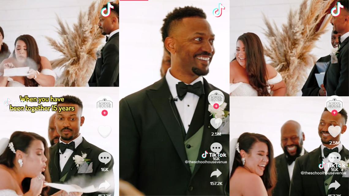 Christie Walters Jefferies unfolded her wedding vows and blew dust off them at her wedding, as captured in a popular TikTok video.