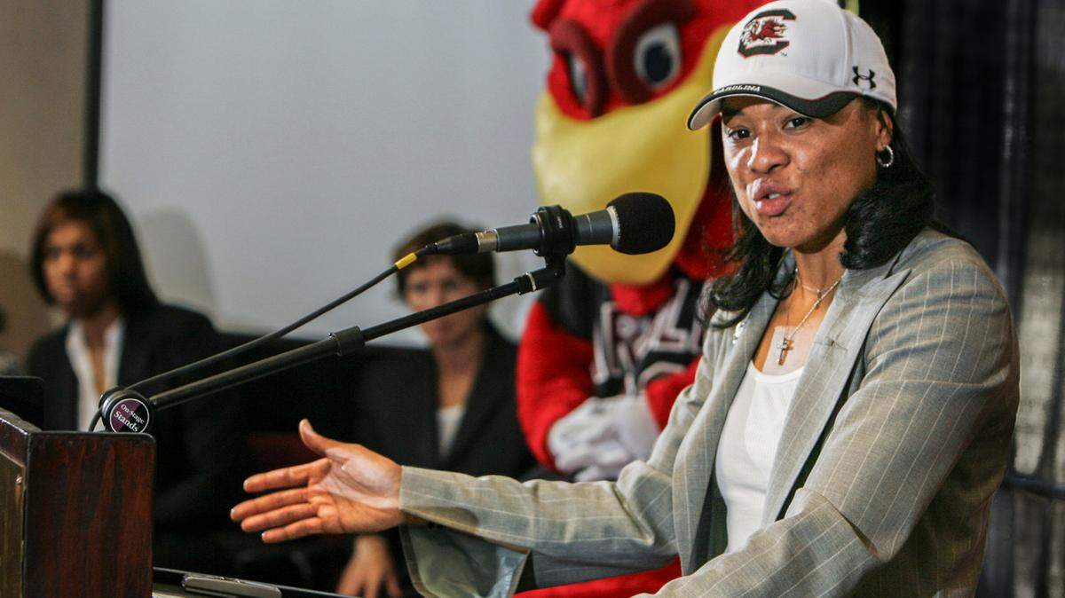 From Saturday, May 10, 2008: South Carolina women’s basketball coach Dawn Staley addresses the media during her introductory press conference in Columbia.