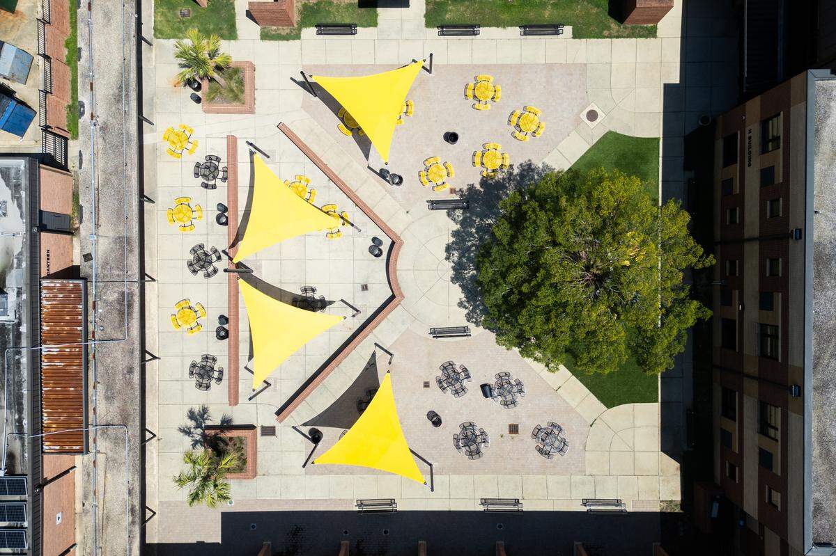 A courtyard inside Lower Richland High School from the air on Friday, July 18, 2025.