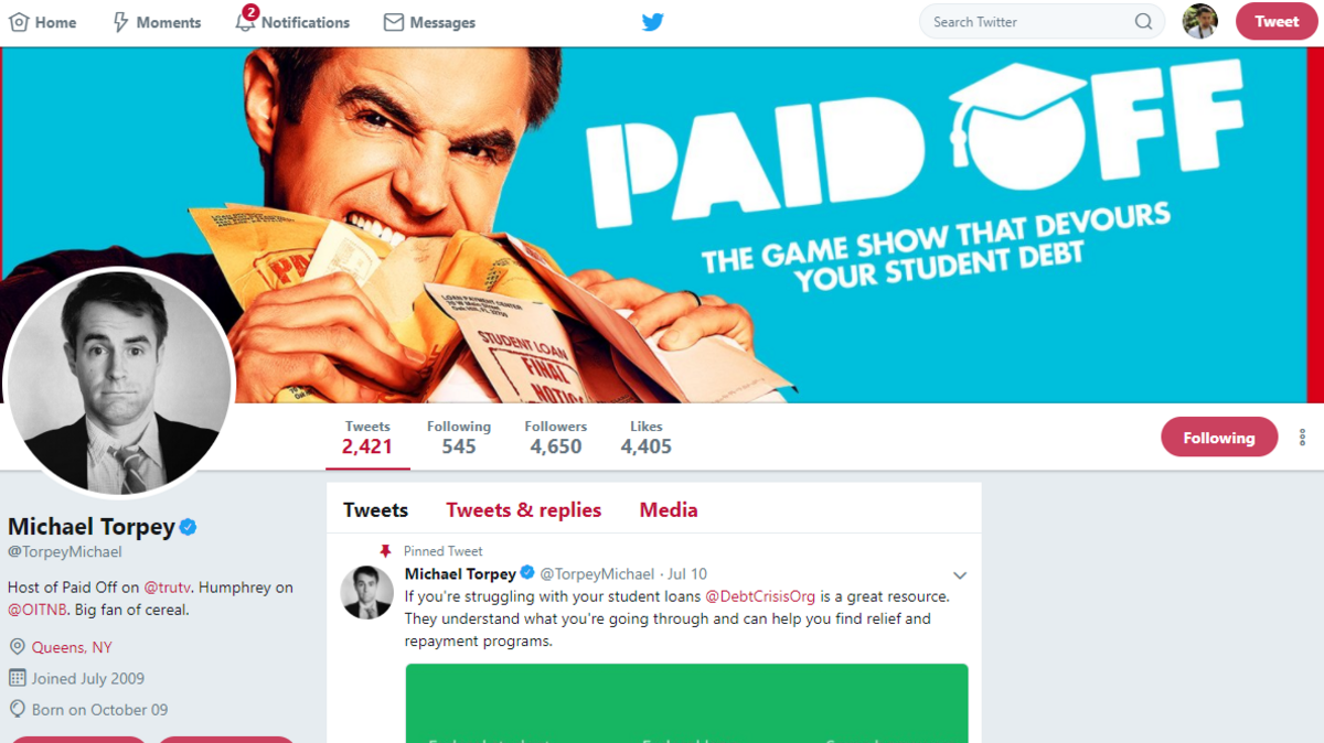 A screenshot of Paid Off creator and host Michael Torpey’s Twitter page.