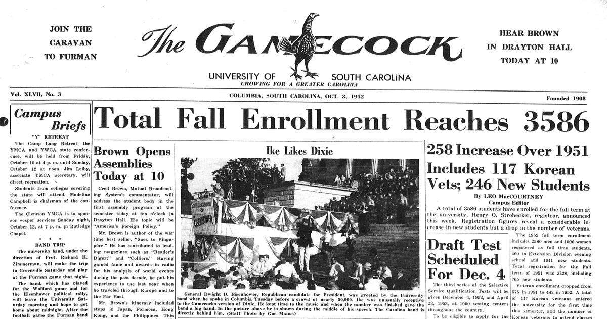 A screenshot of the front page from The Gamecock’s Oct. 3, 1952 edition.
