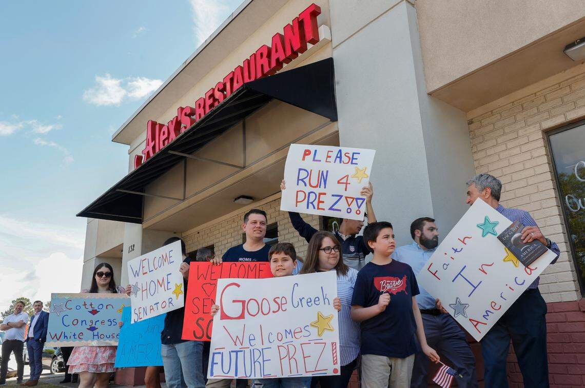 People wait for Tim Scott during a campaign stop at Alex’s Restaurant in Goose Creek on Friday April 14, 2023.