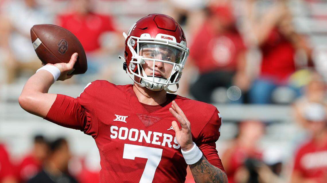 Oklahoma quarterback Spencer Rattler (7) before the start of a NCAA college football game against Tulane on Saturday, Sept. 4, 2021, in Norman, Okla. (AP Photo/Alonzo Adams)