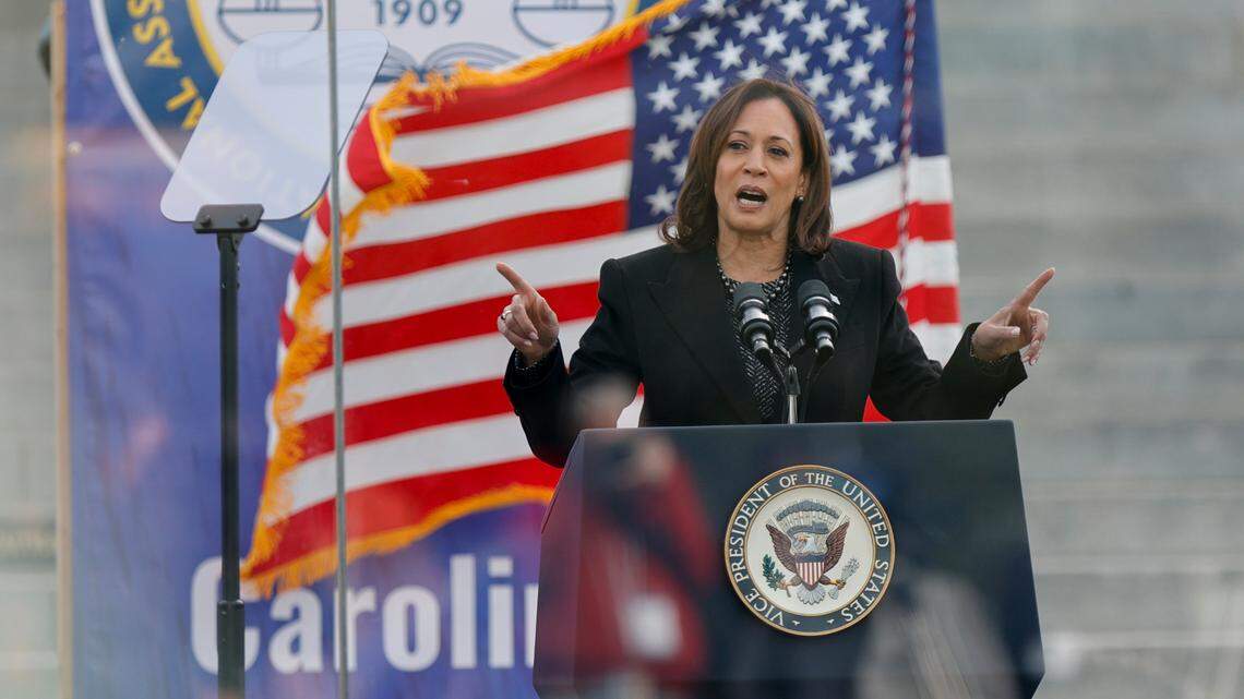 Vice President Kamala Harris speaks to a crowd gathered at the South Carolina State House in January 2024.