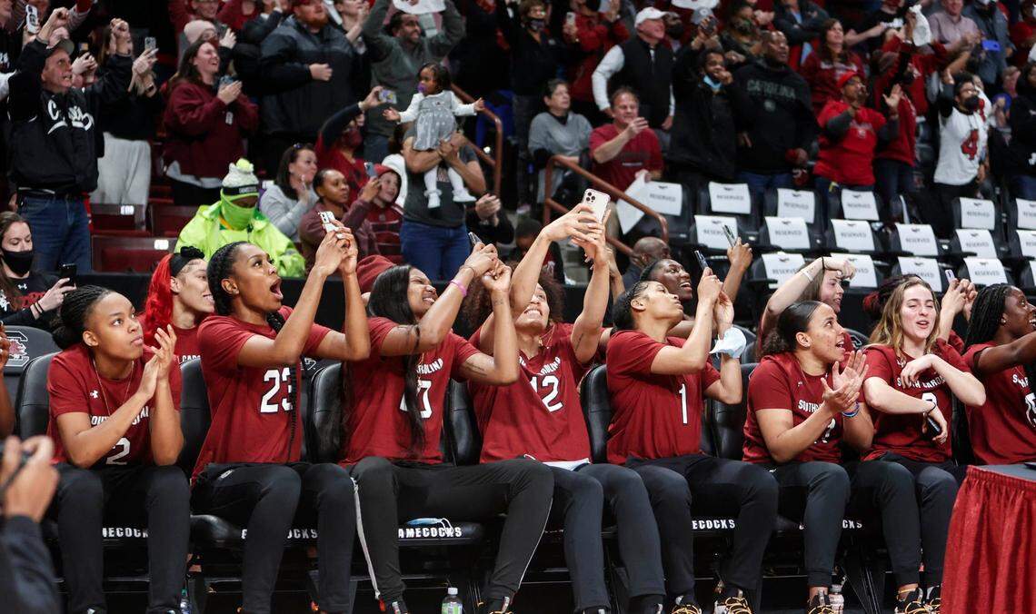 The Gamecocks and fans celebrate their No. 1 seed in the NCAA tournament during a fan event on Sunday March 13, 2022 in the Colonial Life Arena.
