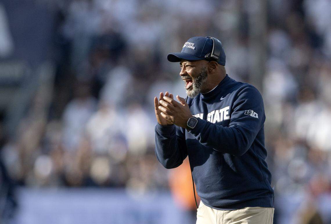 Penn State interim coach Terry Smith celebrates a play during the game against Indiana on Saturday, Nov. 8, 2025.