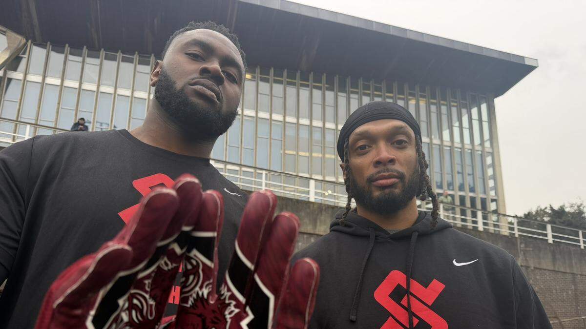 2026 Nigerian/Irish offensive line recruit Neff Giwa (left), pictured here with Brandon Collier of PPI Recruits, has committed to play football at South Carolina after initially playing rugby.