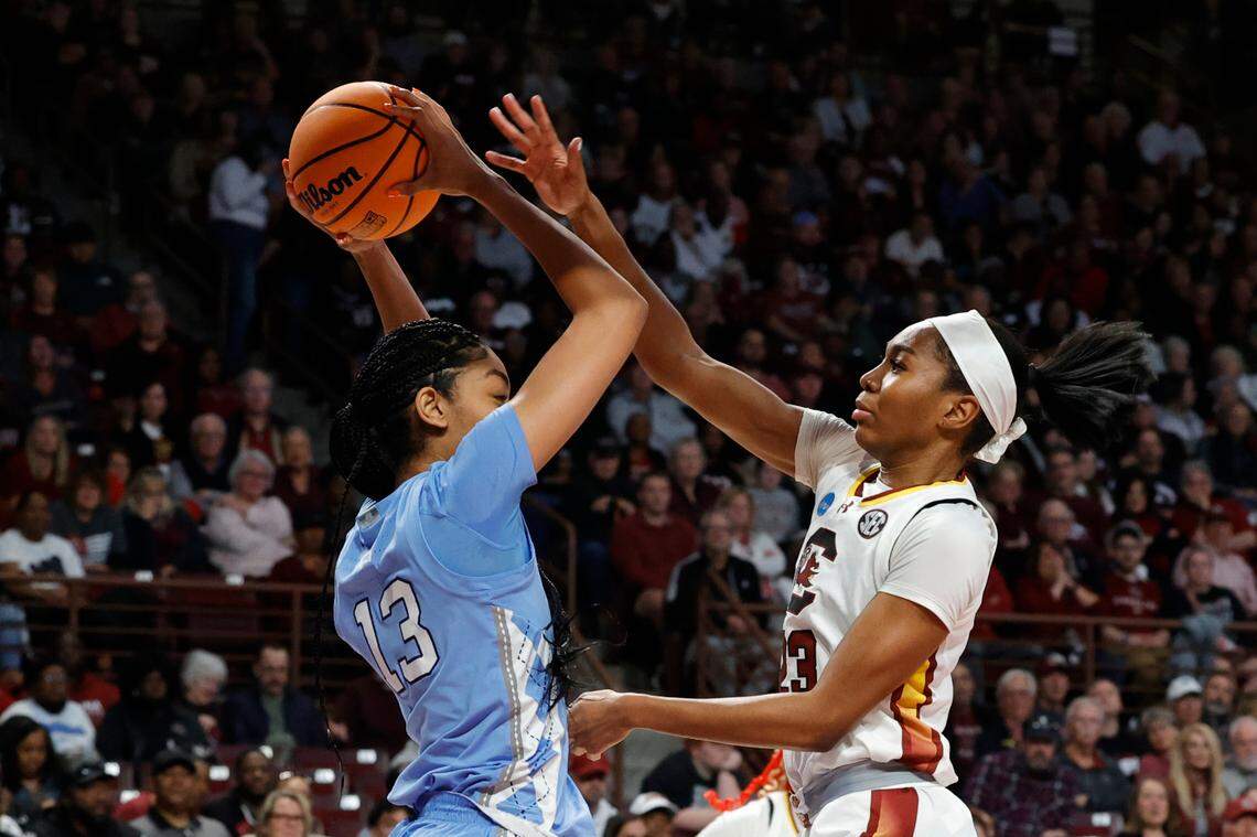 South Carolina’s Bree Hall (23) pressures North Carolina’s Teonni Key (13) during the first half of action in the second round of the NCAA Tournament at the Colonial Life Arena in Columbia, SC, on Sunday, March. 24, 2024.