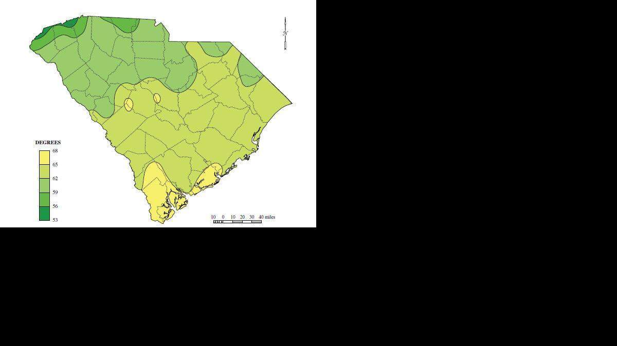 Figure 2.4 in the SC DNR report about climate change effects in South Carolina, captioned: "South Carolina average annual temperature, 1971-2000."