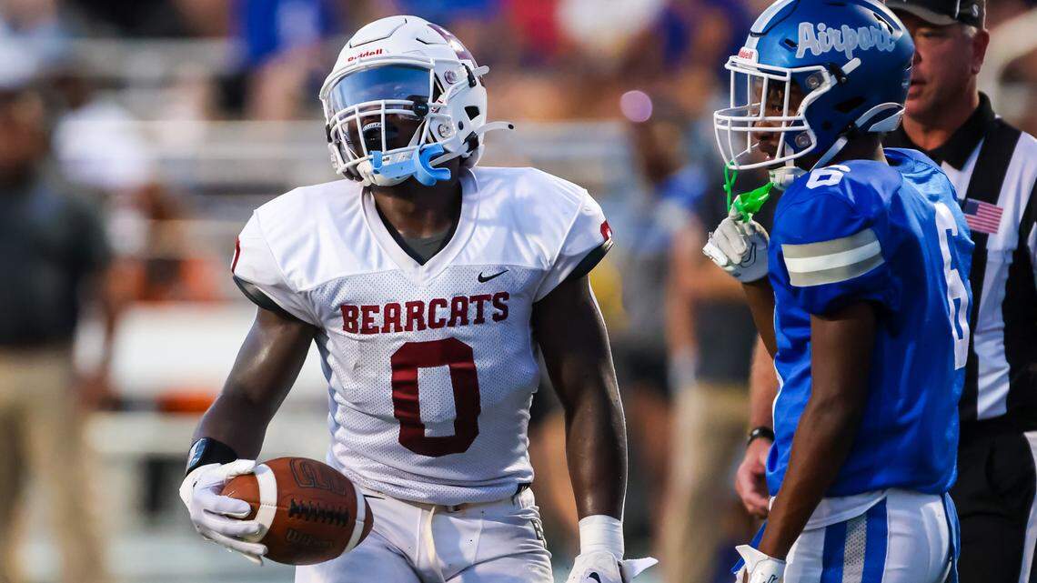 Brookland Cayce Bearcats Tyrone Jackson (0) celebrates a touchdown during their game at Airport High School in West Columbia, SC, Friday, Aug. 25, 2023.