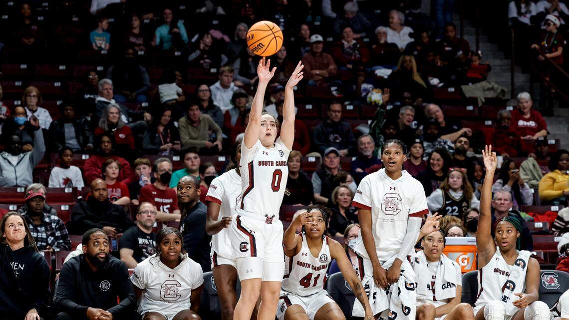 South Carolina’s Olivia Thompson (0) shoots a three-pointer during the second half of action against Charleston Southern in Colonial Life Arena on Sunday, Dec. 18.