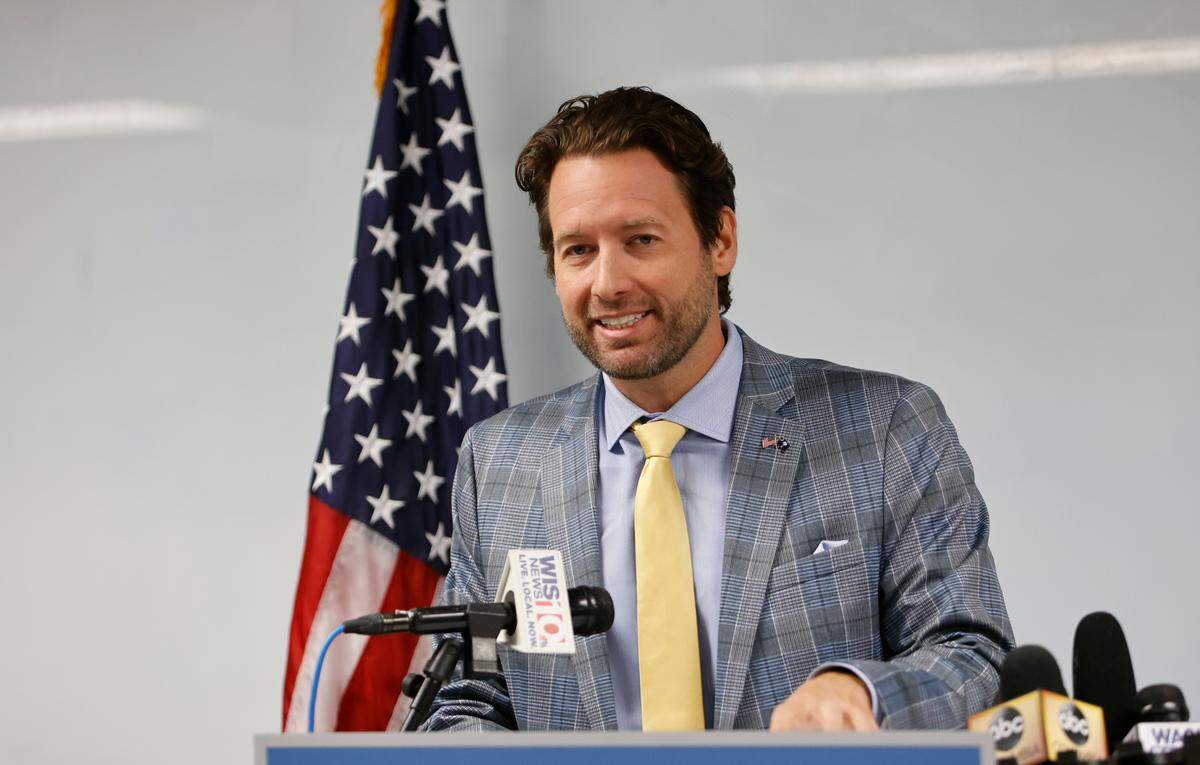 Democratic candidate for South Carolina Governor, Joe Cunningham, speaks during a press conference on Monday, June 27, 2022, at the South Carolina Democratic Party headquarters in Columbia.