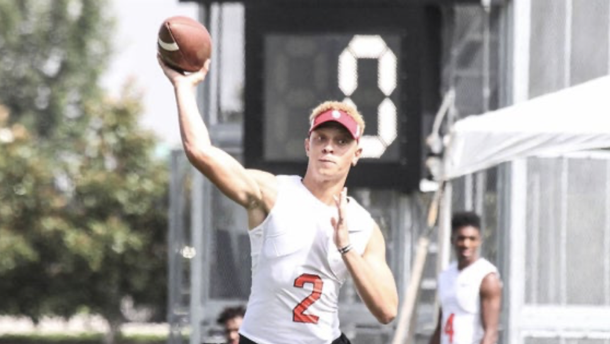 Spencer Rattler throws a pass during a high school recruiting camp. He was rated a five-star prospect and the No. 11 player in the 2019 class, per the 247Sports Composite.