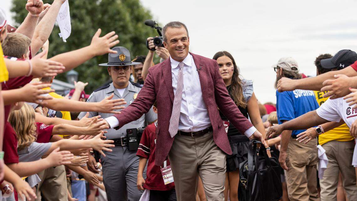 South Carolina head coach Shane Beamer is greeted by fans at Williams-Brice Stadium in Columbia, SC on Saturday, Sept. 3, 2022.