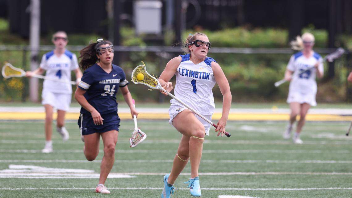 Lillian Sundell (1) of Lexington moves the ball up the field during the SCHSL Class 5A Division I Girls Lacrosse State Championships at Irmo High School on Saturday, May 3, 2025.