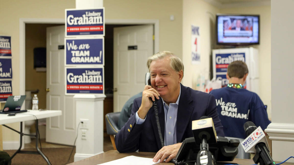 From June 2020: Sen. Lindsey Graham talks on the phone from his campaign office in Columbia.