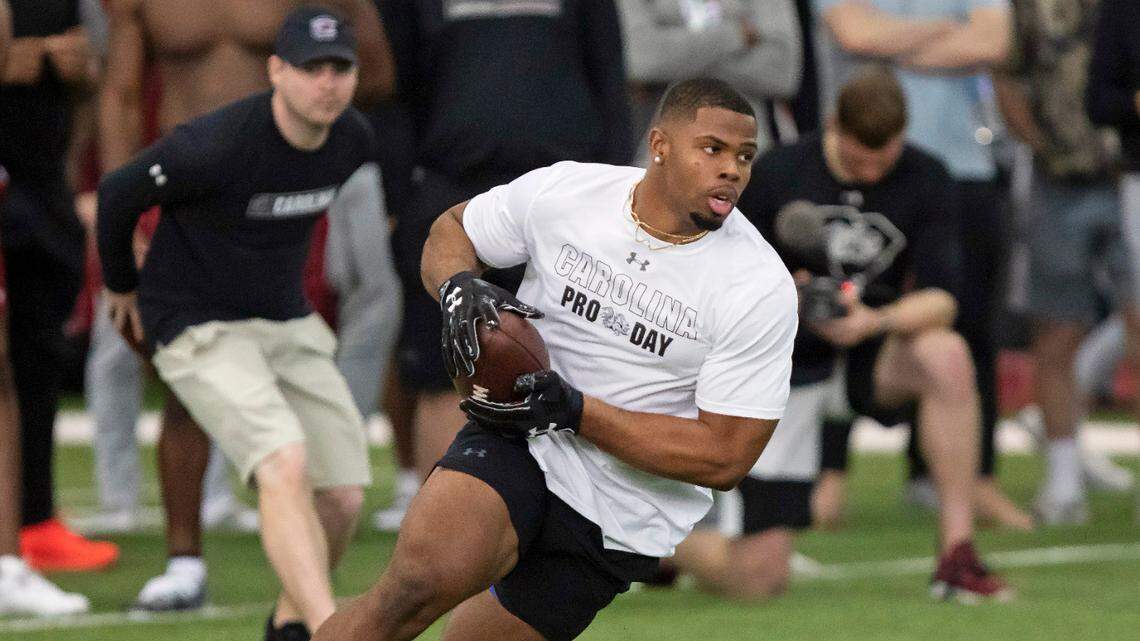 Kevin Harris runs drills during Pro Day at USC on Friday, March 18, 2022.