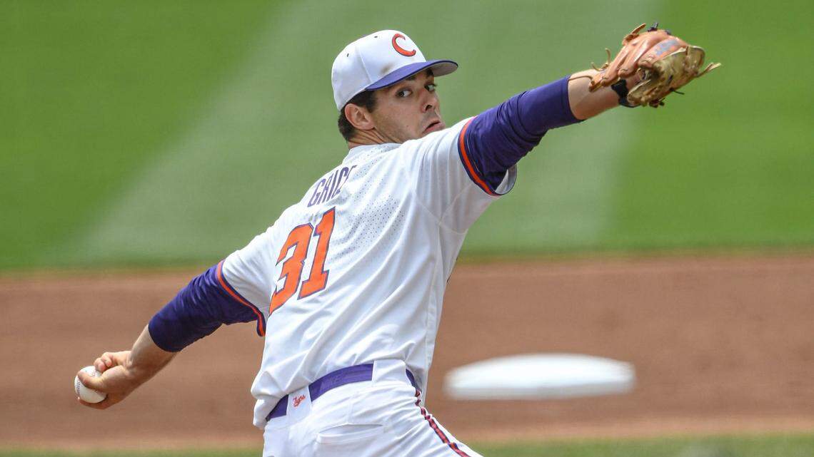 Clemson junior Caden Grice (31) pitches to University of North Carolina at Doug Kingsmore Stadium in Clemson on Saturday, May 20, 2023.