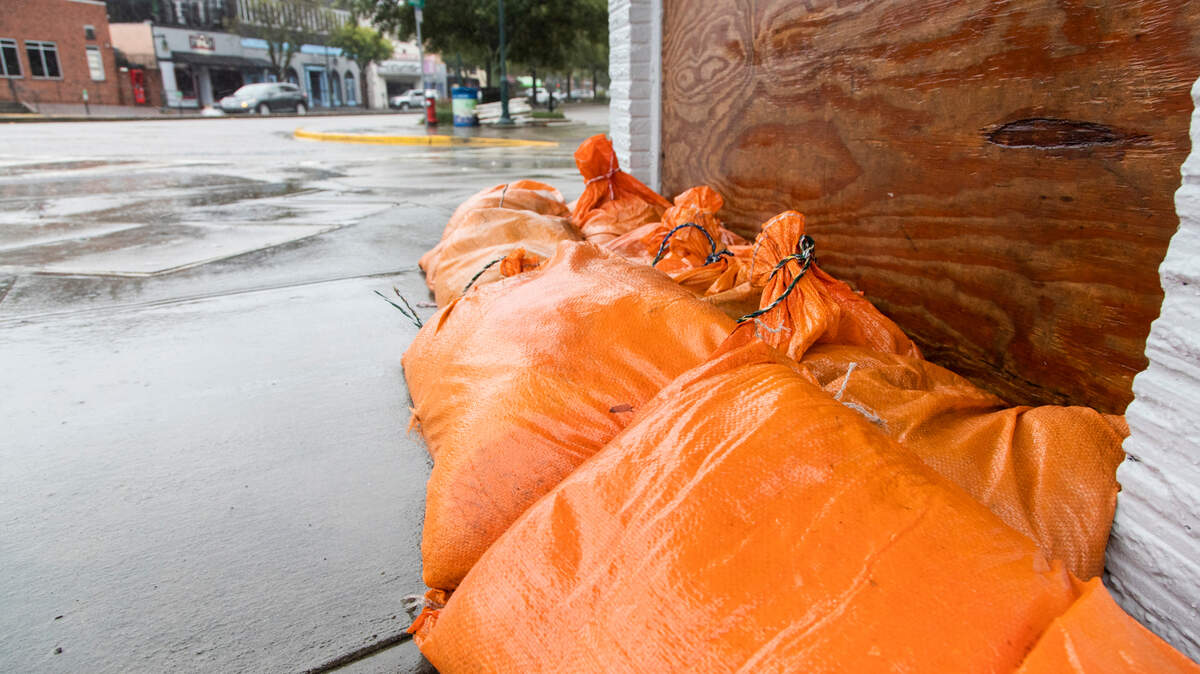Sandbags prevent water intrusion at the former Yesterday’s restaurant in Columbia, South Carolina as Hurricane Ian hits South Carolina’s coast on Friday, September 30, 2022.