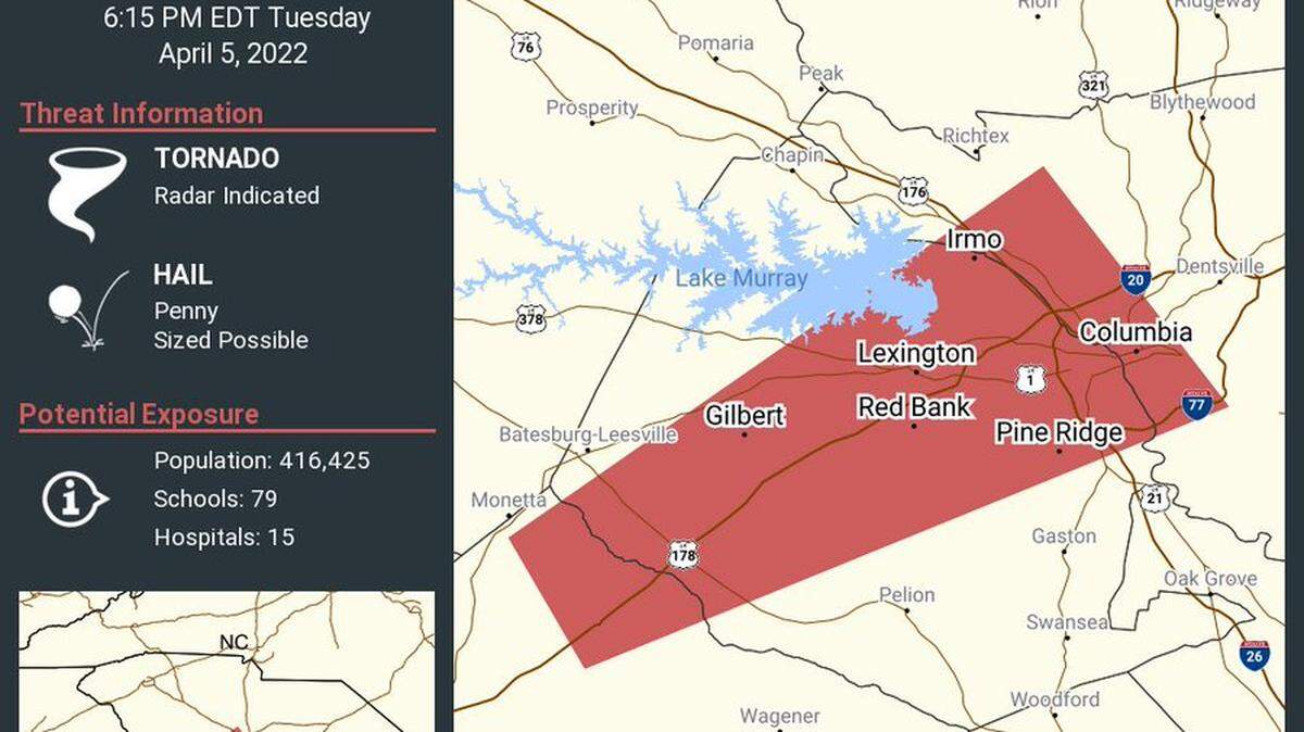 Tornado warning has been issued for Richland, Lexington counties.