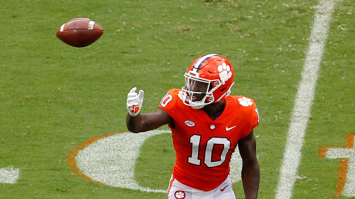 Clemson wide receiver Joseph Ngata (10) watches an overthrown, D.J. Uiagalelei pass travel away from him as Georgia Tech defensive back Myles Sims (16) looks on in Clemson, S.C. on Saturday, Sept. 18, 2021.