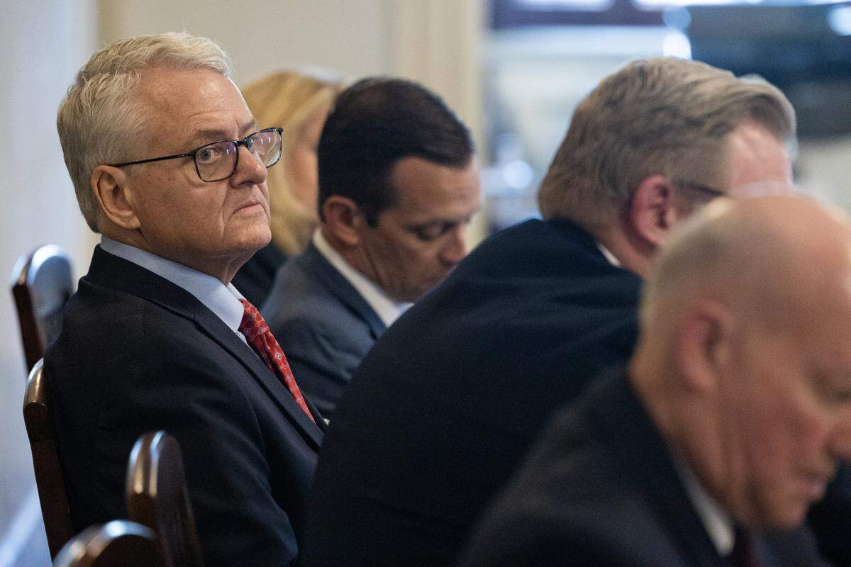 South Carolina State Treasurer Curtis Loftis listens as his team presents his defense in the South Carolina State Senate on Monday, April 21, 2025. The Senate later voted 33-8 to remove Loftis for willful neglect of duty.