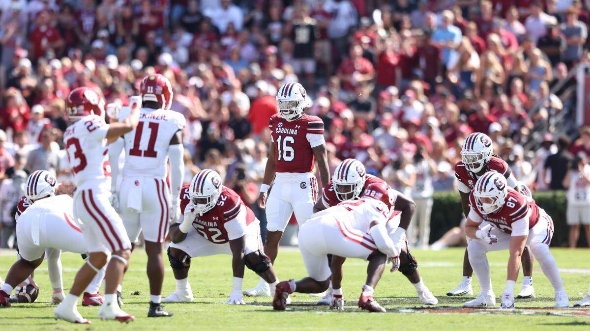 South Carolina quarterback Lanorris Sellers (16) lines up during South Carolina’s game against Oklahoma at Williams-Brice Stadium in Columbia on Saturday, October 18, 2025.