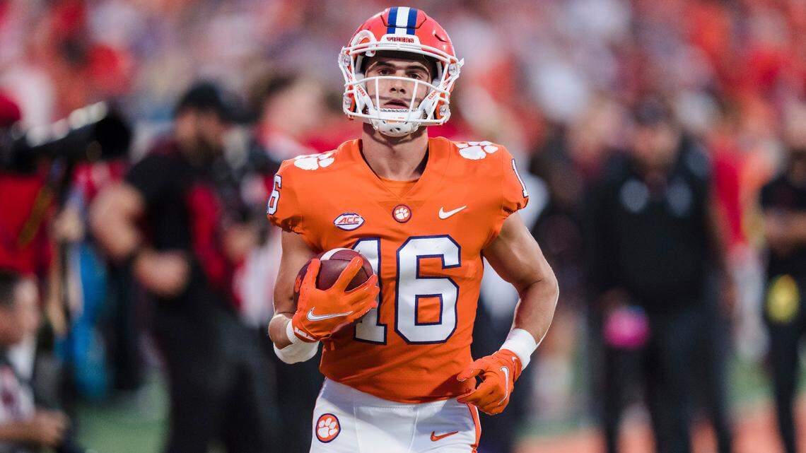 Clemson wide receiver Will Taylor (16) warms up before an NCAA college football game against North Carolina State Saturday, Oct. 1, 2022, in Clemson, S.C.