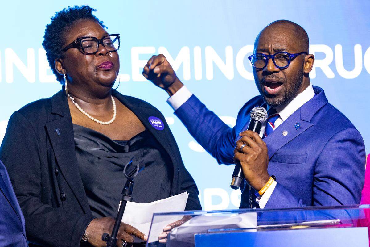 Brandon Upson concedes to Christale Spain and pledges his support for her as Chair of the South Carolina Democratic Party during their convention on Saturday, April 29, 2023.
