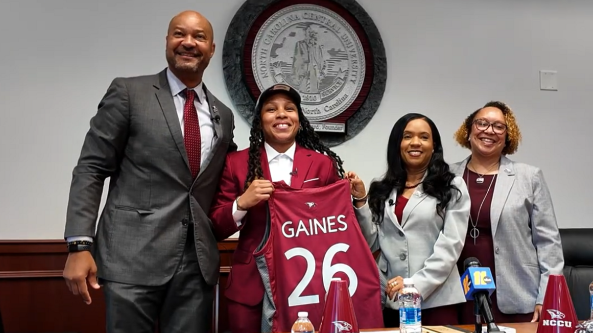 Screenshot from the livestream of Olivia Gaines introduction as the head women’s basketball coach at North Carolina Central on May 13, 2026. Gaines (middle left) is accompanied by leaders of NCCU.
