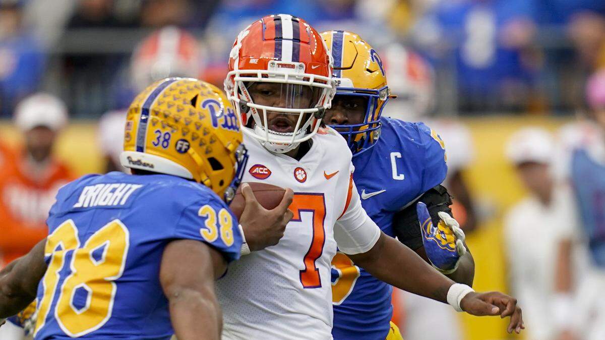 Clemson quarterback Taisun Phommachanh (7) plays against Pittsburgh during an NCAA college football game, Saturday, Oct. 23, 2021, in Pittsburgh. (AP Photo/Keith Srakocic)