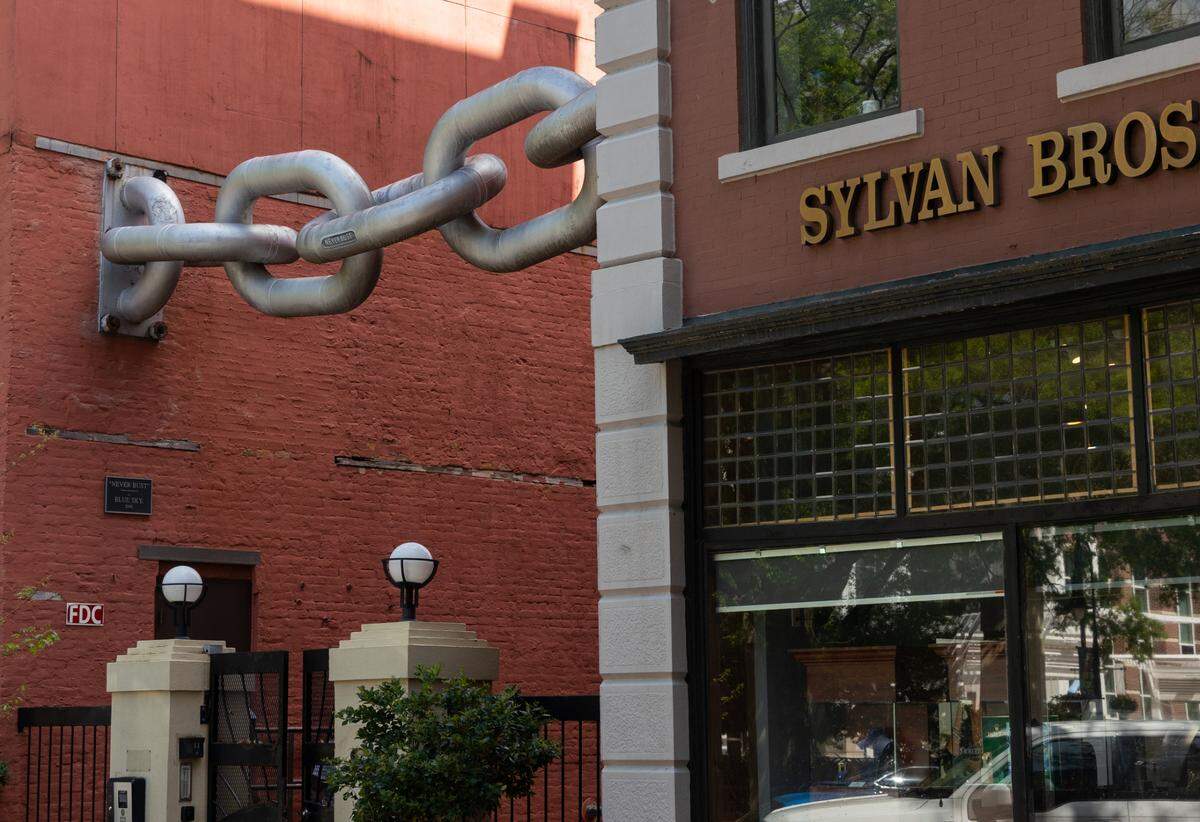 Blue Sky’s “Never Bust” sculpture hangs between Main Street’s Kress and Sylvan buildings across from the Columbia Museum of Art on Tuesday, April 1, 2025.