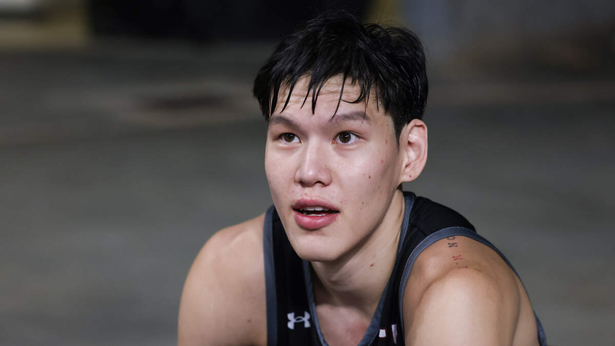 South Carolina guard Mike Sharavjamts (55) speaks with reporters following practice at Colonial Life Arena in Columbia on Wednesday, July 30, 2025.