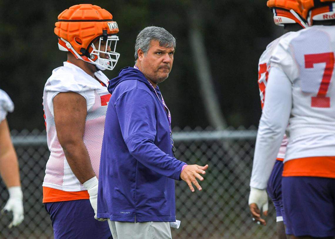 Clemson offensive line coach Matt Luke during Clemson football team practice before the TaxSlayer Gator Bowl at Fernandina Beach High School in Jacksonville, Florida, Wednesday, December 27, 2023.