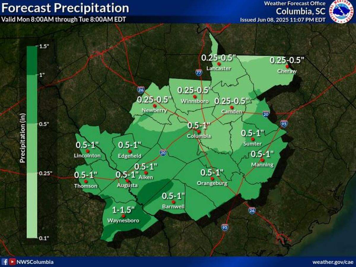 Rain and severe weather are forecast for Midlands region of South Carolina.