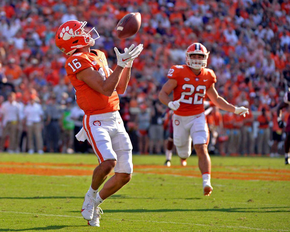 Clemson wide receiver Will Taylor (16) catches a punt in the first half of an NCAA college football game against South Carolina State on Saturday, Sept. 11, 2021, in Clemson, S.C. (AP Photo/Edward M. Pio Roda)
