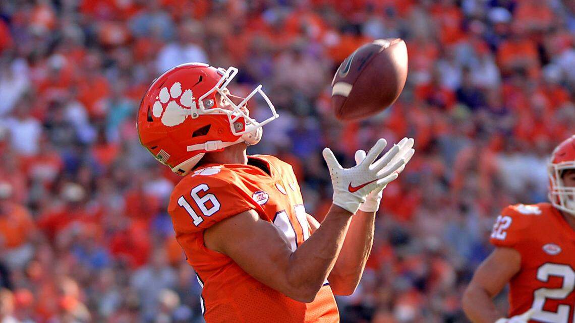 Clemson wide receiver Will Taylor (16) catches a punt in the first half of an NCAA college football game against South Carolina State on Saturday, Sept. 11, 2021, in Clemson, S.C. (AP Photo/Edward M. Pio Roda)