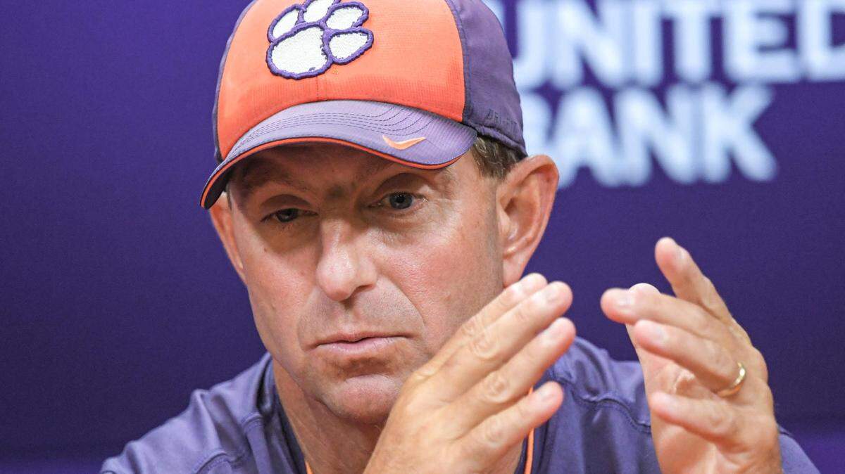 Clemson head coach Dabo Swinney speaks during a press conference in the Smart Family Media Center at the Allen N. Reeves Center, before the first practice at Clemson, S.C. Friday, August 4, 2023.