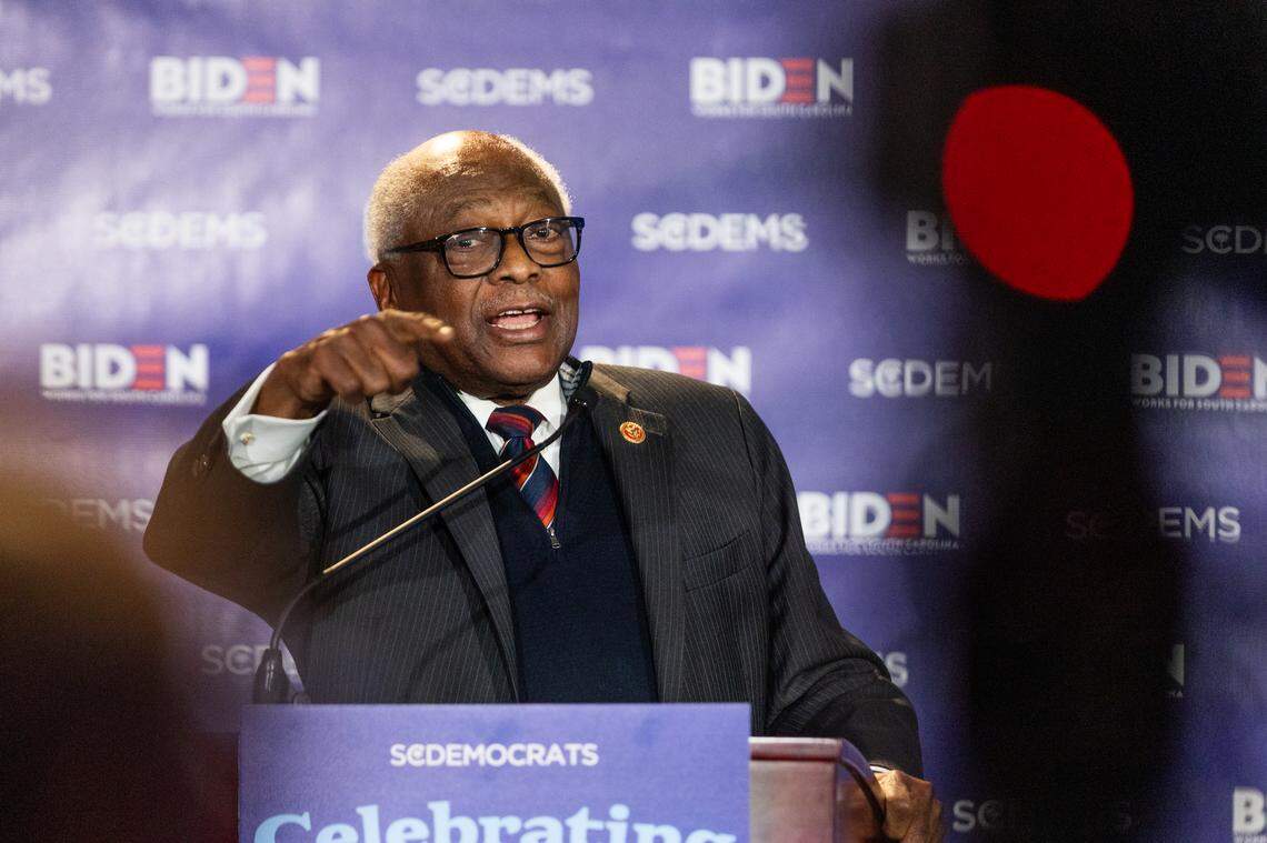 Representative Jim Clyburn speaks about his friend, former president Joe Biden, during a celebration hosted by the South Carolina Democratic Party at the Columbia Museum of Art on Friday, February 27, 2026.