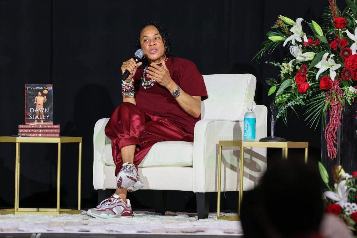 University of South Carolina women’s basketball coach Dawn Staley talks about her book, “Uncommon Favor,” in Columbia on Thursday, May 29, 2025, at the R2i2 Conference Center.