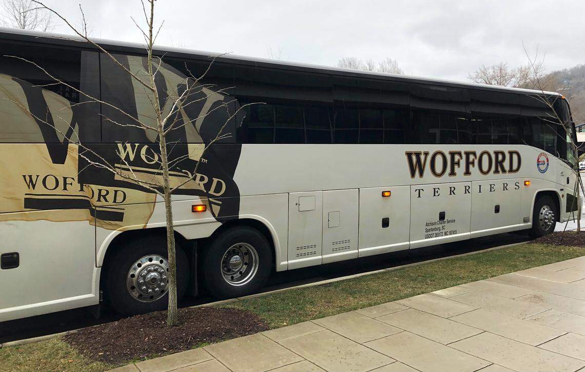 The Wofford team bus waits outside the Hilton Garden Inn in downtown Asheville on Friday.