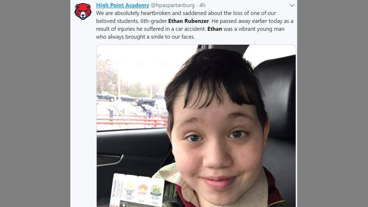 Ethan Frank Rubenzer died days after a car crash.