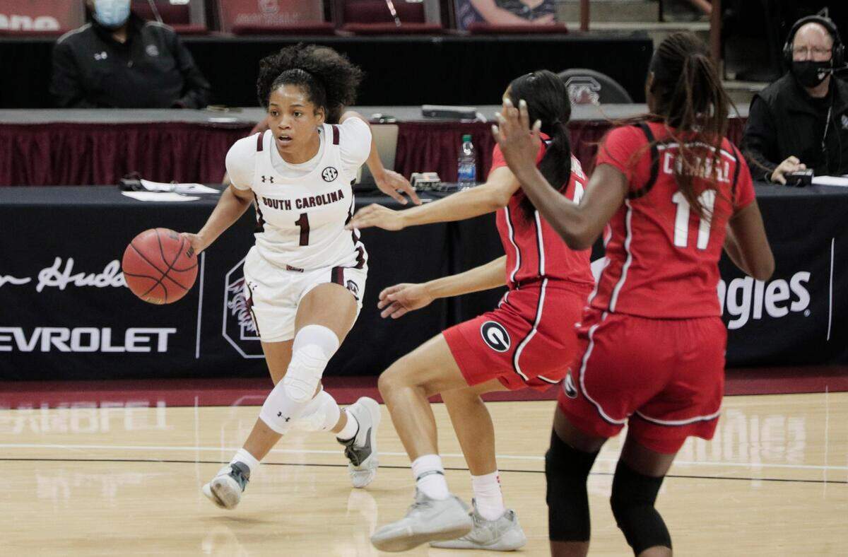 South Carolina Gamecocks guard Zia Cooke (1) moves into position at Colonial Life Arena on Thursday, January 21, 2021.