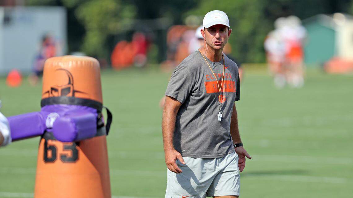 Clemson’s Dabo Swinney at the Tigers’ first practice of 2022 camp on Friday, Aug. 5.