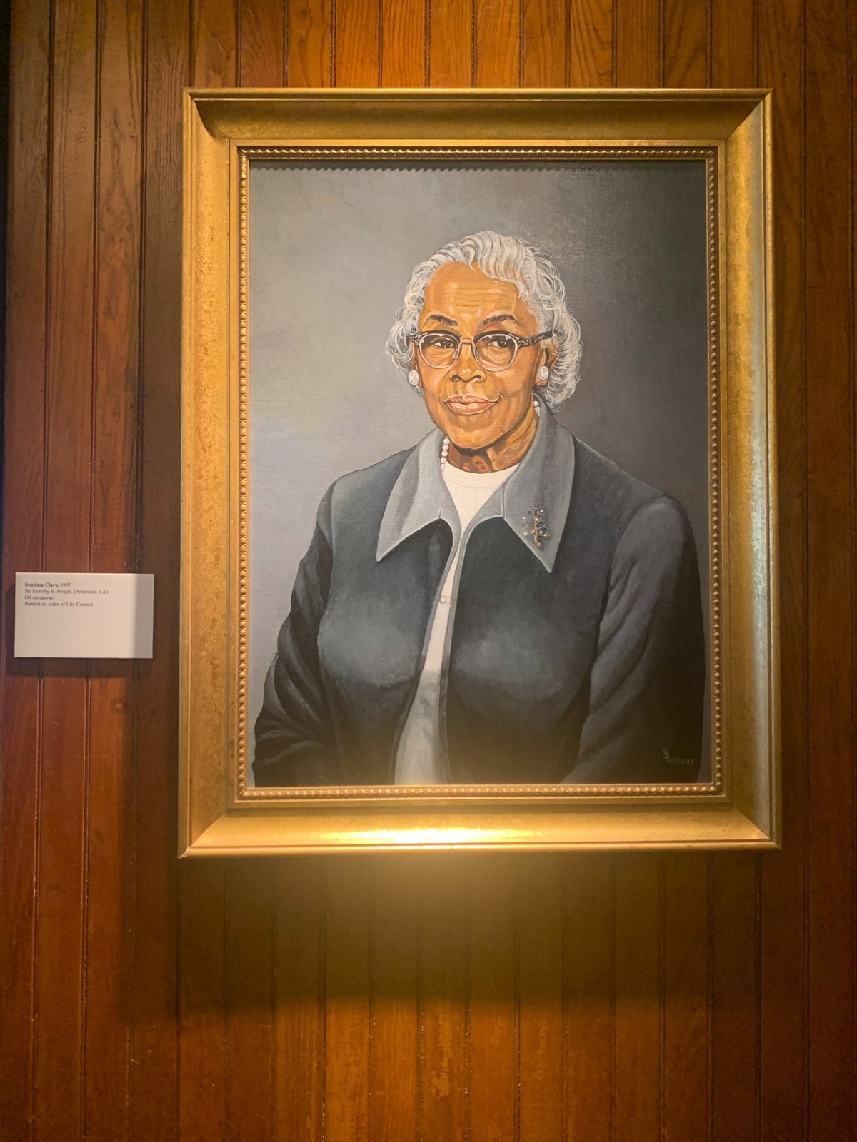 This portrait of Septima Clark, a civil rights activist and educator, hangs on a wall in the Charleston City Council chamber. It was painted painted by Dorothy B. Wright in 1997. Clark played a major role in the civil rights movement in Charleston and around the country, and was a mentor of Martin Luther King, Jr. He called her “the mother of the movement.” In 1964, she accompanied King to Norway when he received the Nobel Peace Prize.