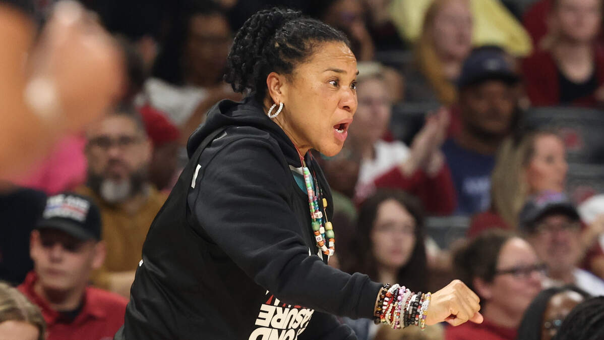 University of South Carolina Head Coach Dawn Staley talks to her team during the second half of action against Anderson at the Colonial Life Arena on Friday Oct. 24, 2025.