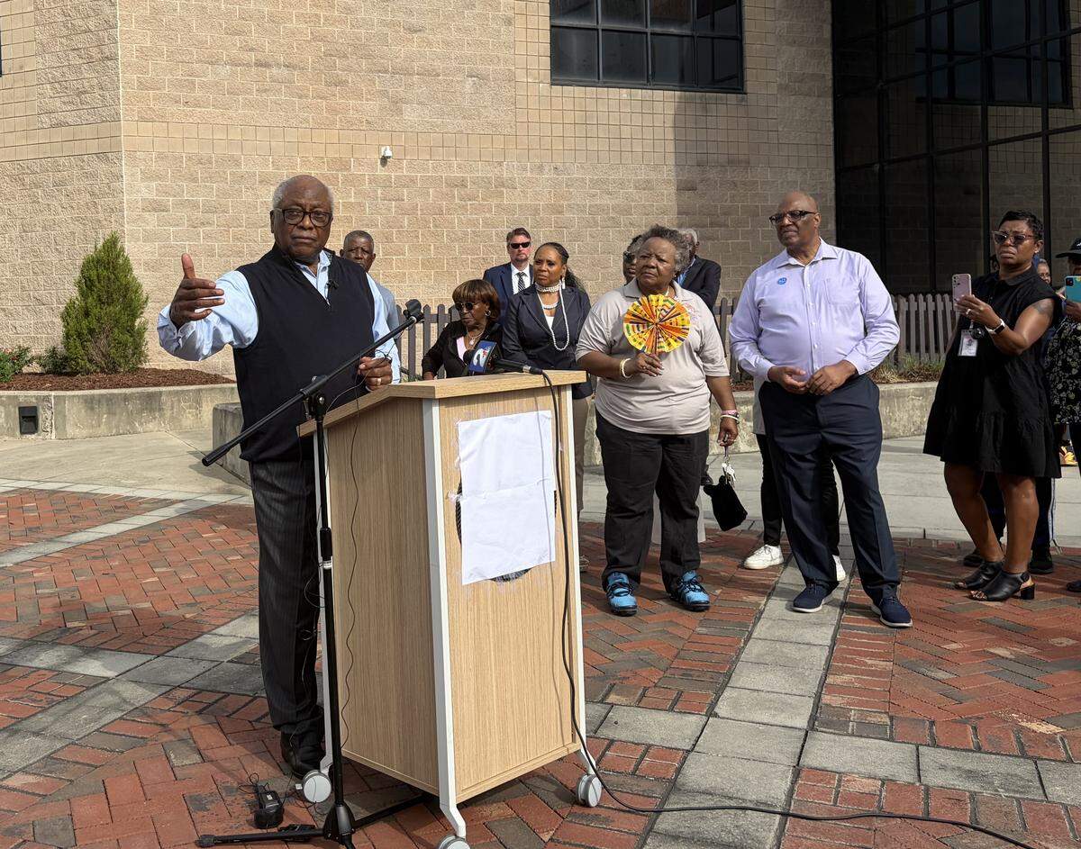 U.S. House Rep. Jim Clyburn speaks to reporters after voting early in Orangeburg on Tuesday, May 26, 2026.