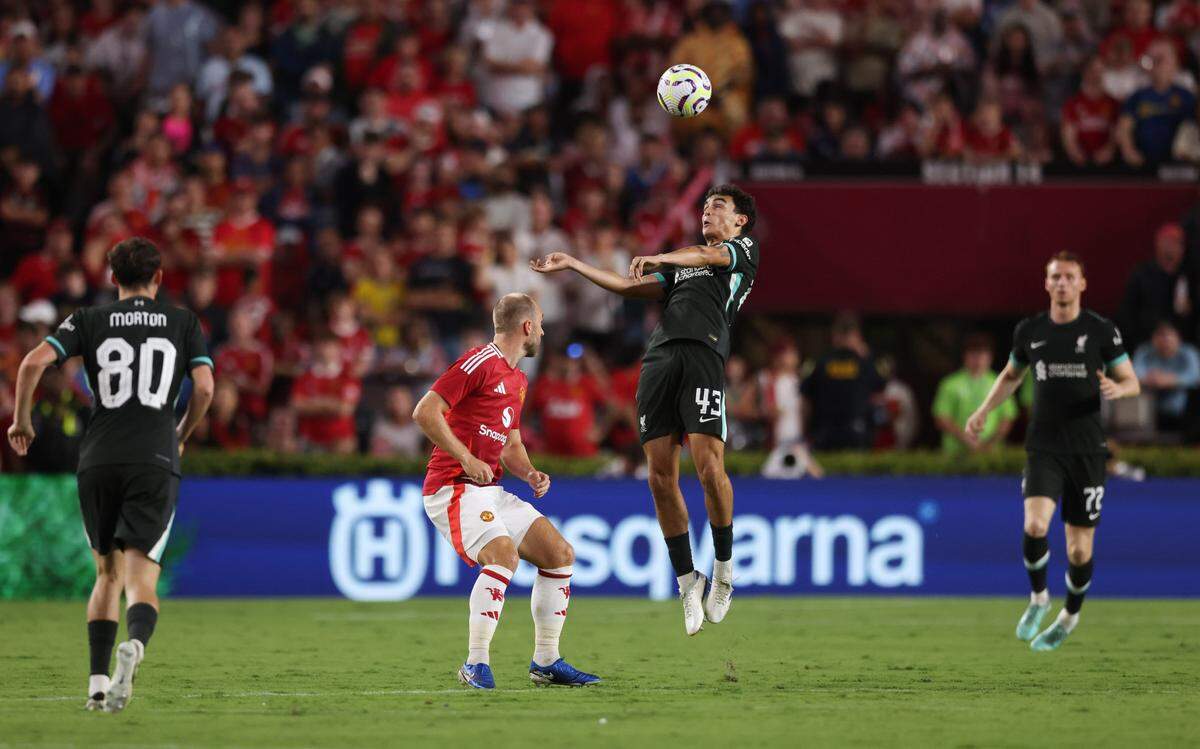 Liverpool midfielder Stefan Bajčetić (43) goes up for a header during the Rivals in Red International Friendly soccer match between Manchester United and Liverpool in Columbia on Saturday, August 3, 2024.
