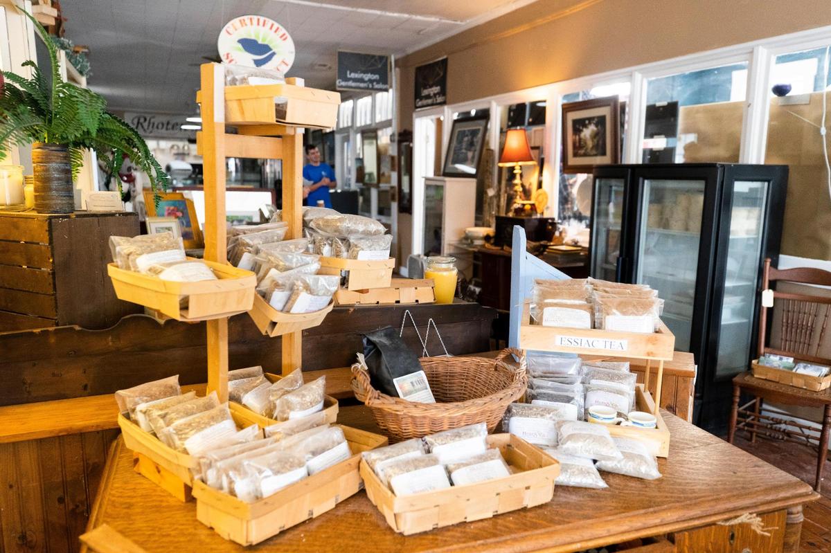 A display of teas at Rhoten’s Country Store on Thursday, December 9, 2021. While the store is closed to prevent the spread of the coronavirus, people can place orders through a drive through window.